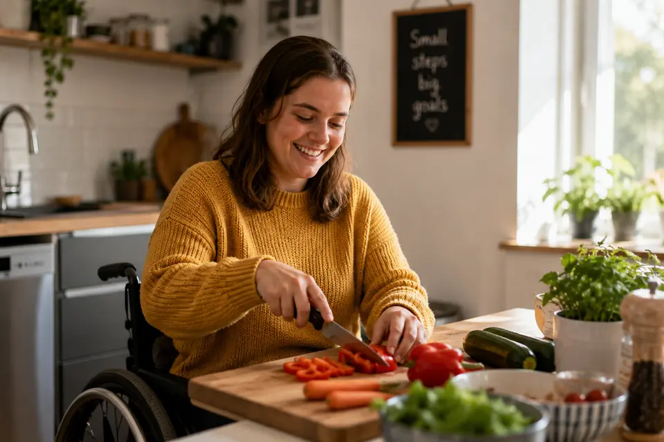A wheelchair user preparing fresh vegetables in a kitchen